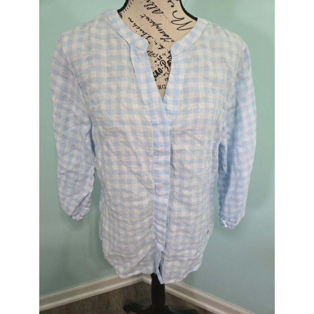 Brax linen love 38 medium blouse blue white plaid coastal grandma